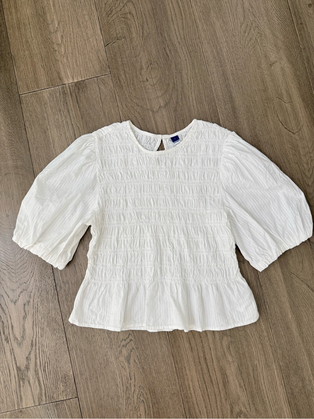 Old Navy Puff Sleeve Peplum Ruched Cotton White Blouse Large